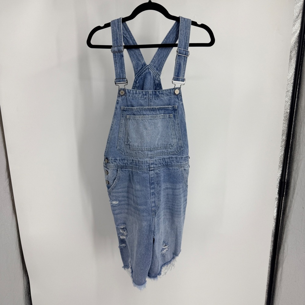 KanCan Distressed Denim Shortalls Light Wash Blue Raw Hem KC7953M L Overalls